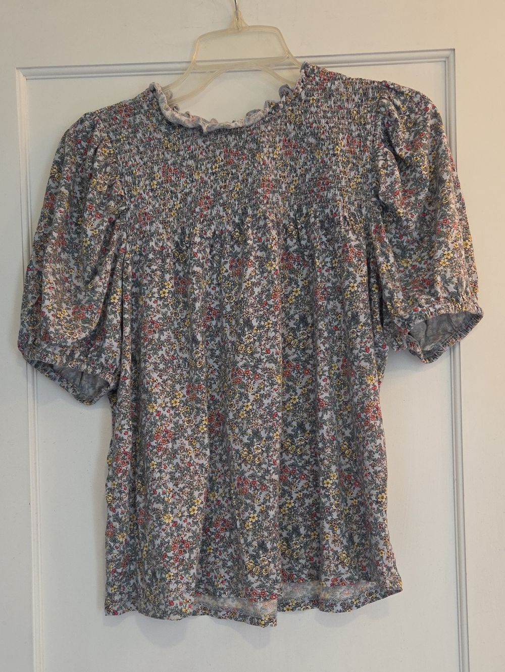 LOFT Floral Smocked Puff Sleeve Top - Gray with Red, Yellow & Green Floral Print